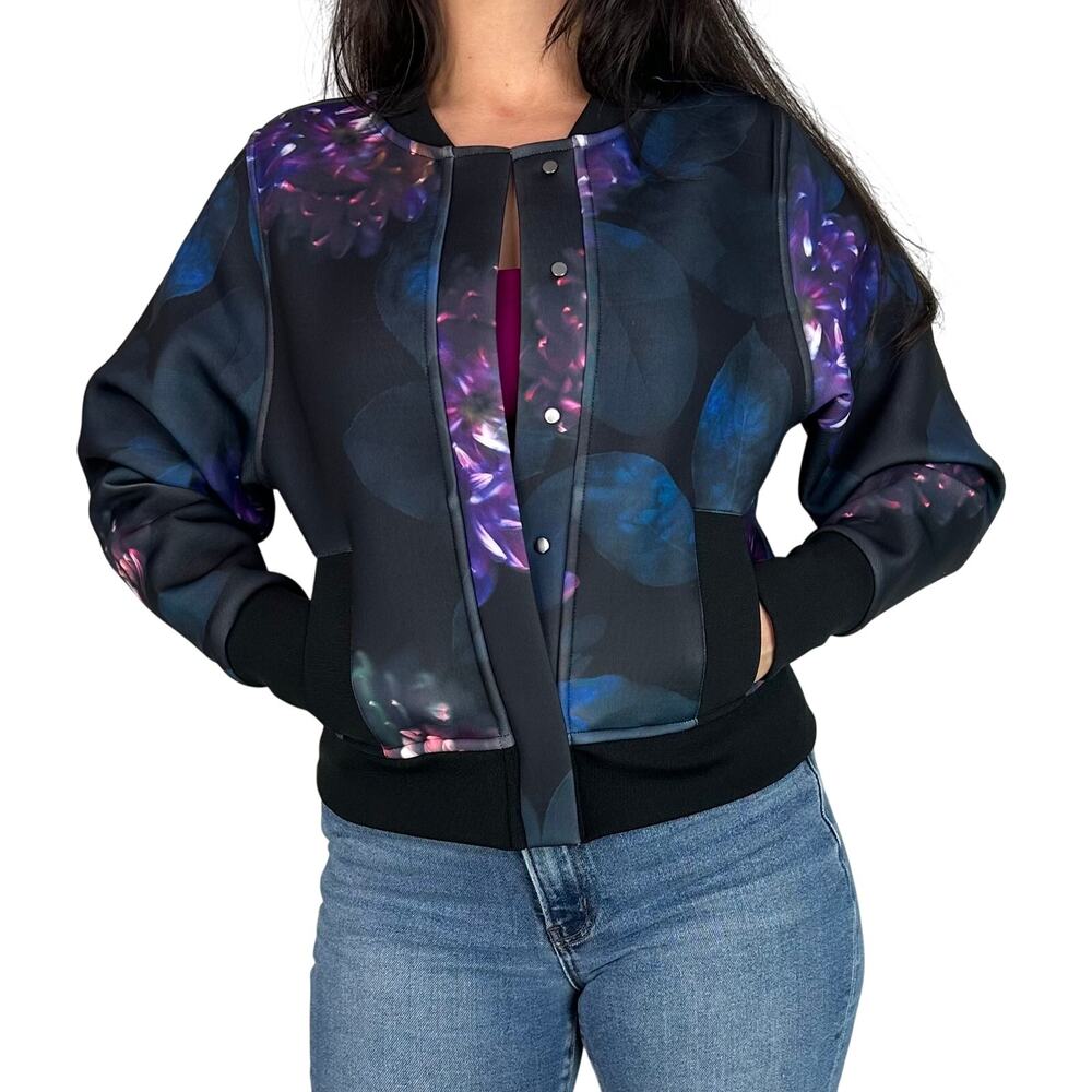 DKNY Black Purple & Blue Floral Bomber Jacket